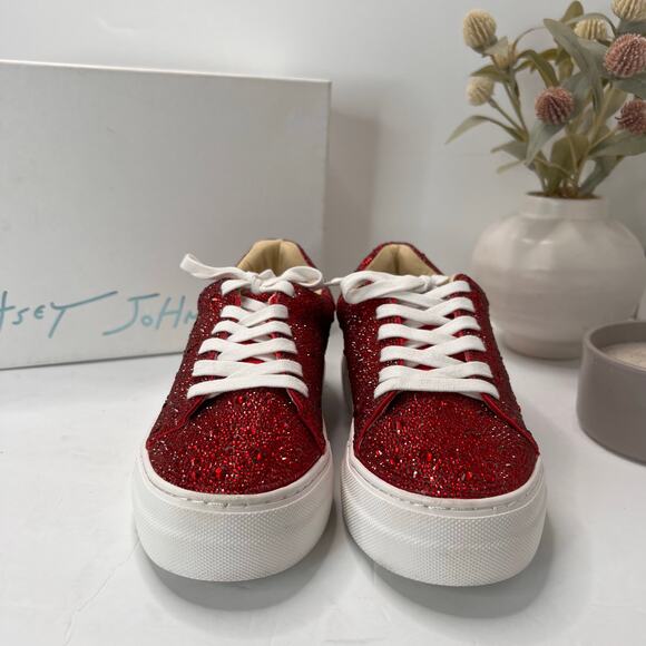 Betsey Johnson Sb-Sidny Rhinestone/Jeweled Sneakers Red Women 8M Tried On - Picture 2 of 10